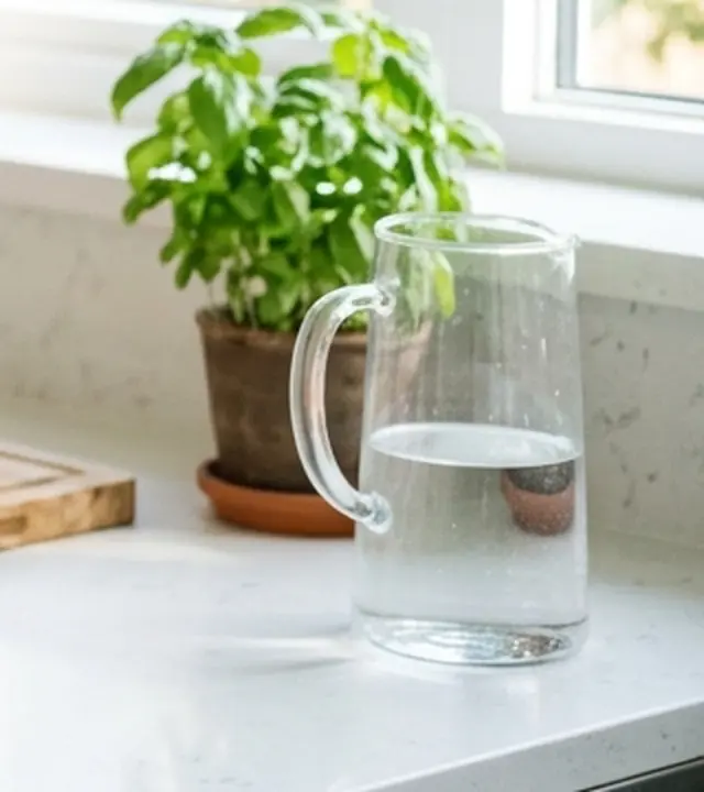 Jarra de agua purificada sobre el mesón de la cocina