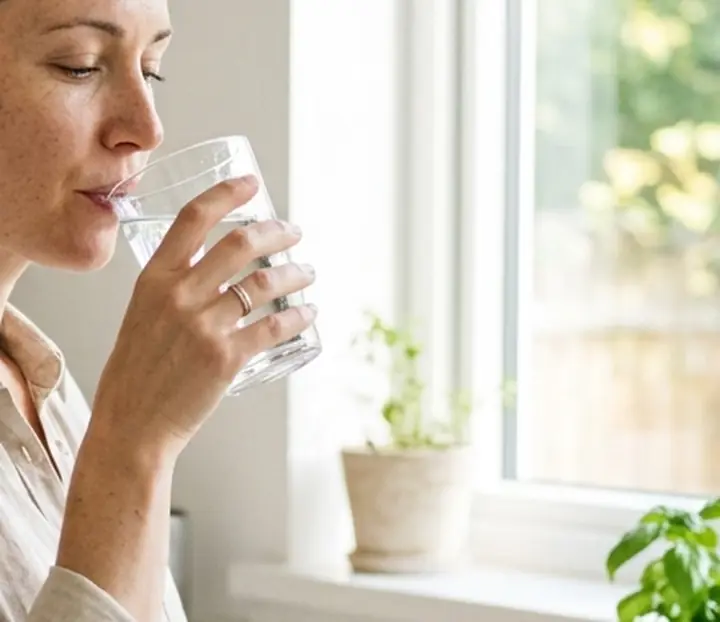 Vaso de agua purificada sostenido en la mano