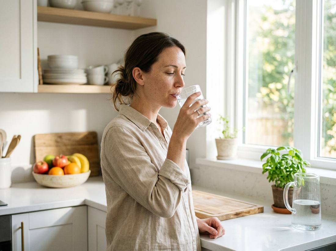 Mujer bebiendo tranquila un vaso de agua purificada en la cocina de su casa