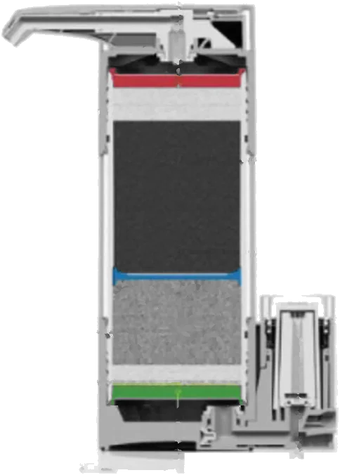 Corte transversal del purificador PuraLink: prefiltración, KDF, zeolita, carbón activado granular y carbón activado impregnado en plata